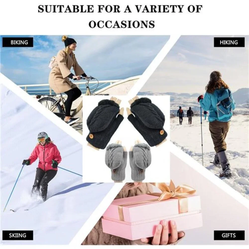 2 Pairs Women's Fingerless Wool Gloves Warm Fleece Lined Knit Texting Mittens